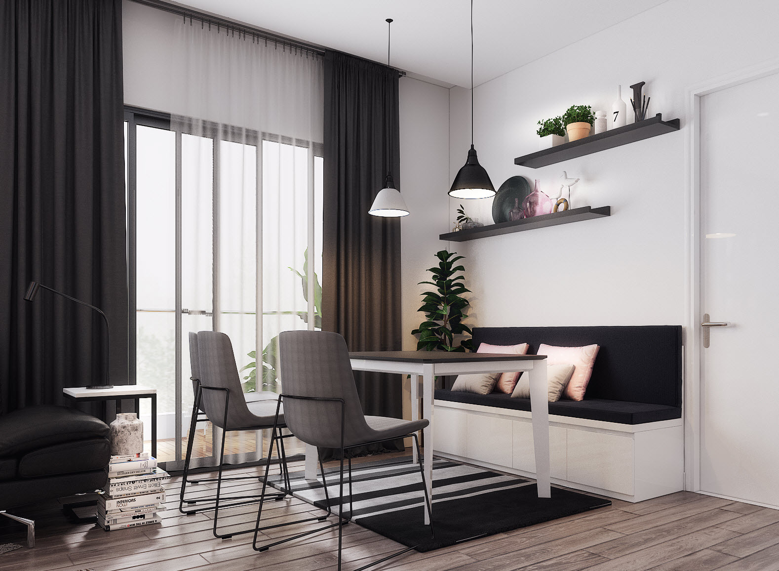 Ph&ograve;ng ăn ngập tr&agrave;n &aacute;nh s&aacute;ng, c&oacute; cửa mở ra ban c&ocirc;ng b&ecirc;n ngo&agrave;i. Băng ghế d&agrave;i mang lại cảm gi&aacute;c thoải m&aacute;i cho người ngồi d&ugrave;ng bữa.