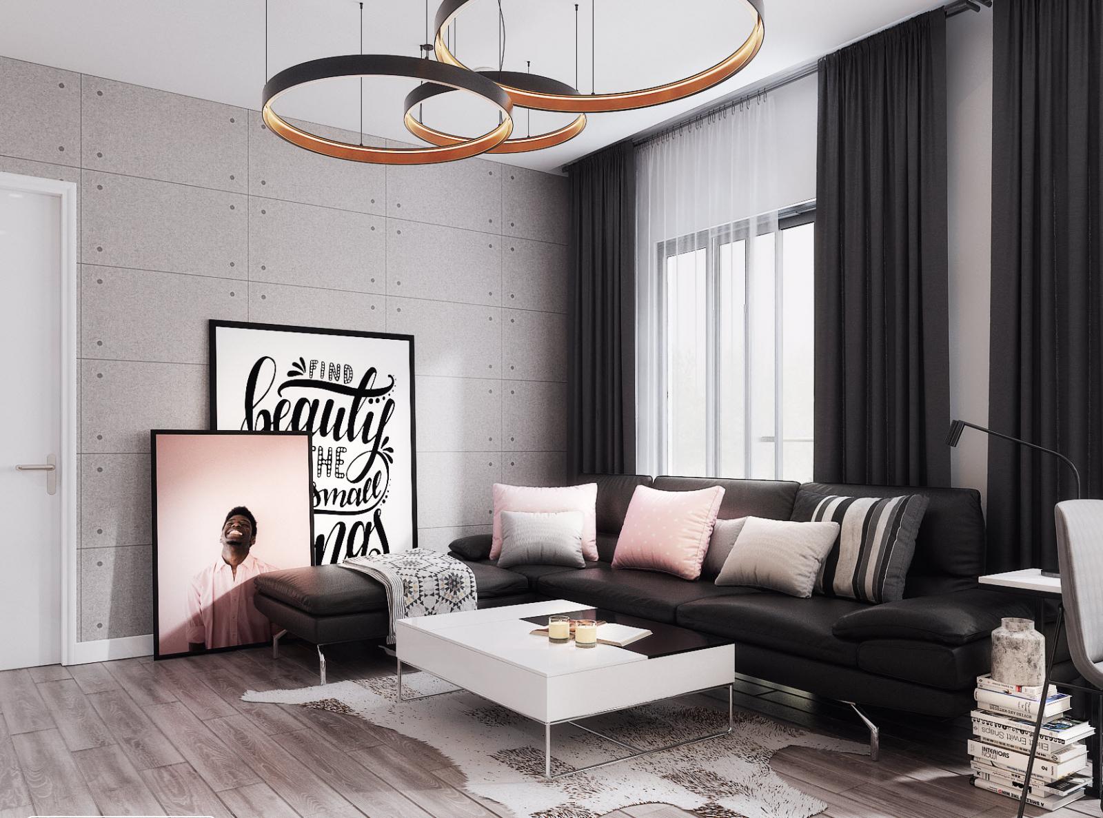 Kh&ocirc;ng gian ph&ograve;ng kh&aacute;ch sử dụng nội thất t&ocirc;ng m&agrave;u đen chủ đạo nhưng kh&ocirc;ng hề tạo cảm gi&aacute;c nặng nề bởi sự c&acirc;n đối với sắc trắng, x&aacute;m b&ecirc; t&ocirc;ng v&agrave; hồng pastel nhẹ nh&agrave;ng.