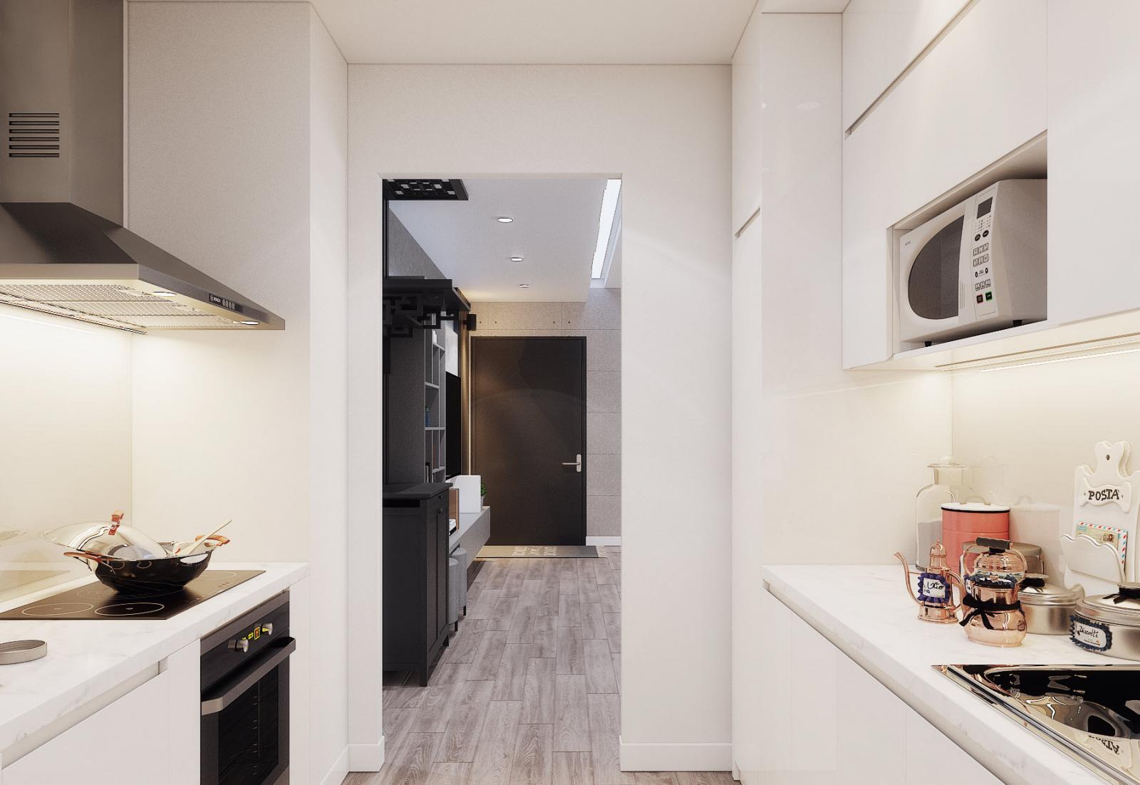 G&oacute;c nh&igrave;n từ bếp ra ph&ograve;ng kh&aacute;ch. Bố cục mặt bằng th&ocirc;ng minh gi&uacute;p tầm nh&igrave;n kh&ocirc;ng bị cản trở, tạo sự liền mạch cho kh&ocirc;ng gian.