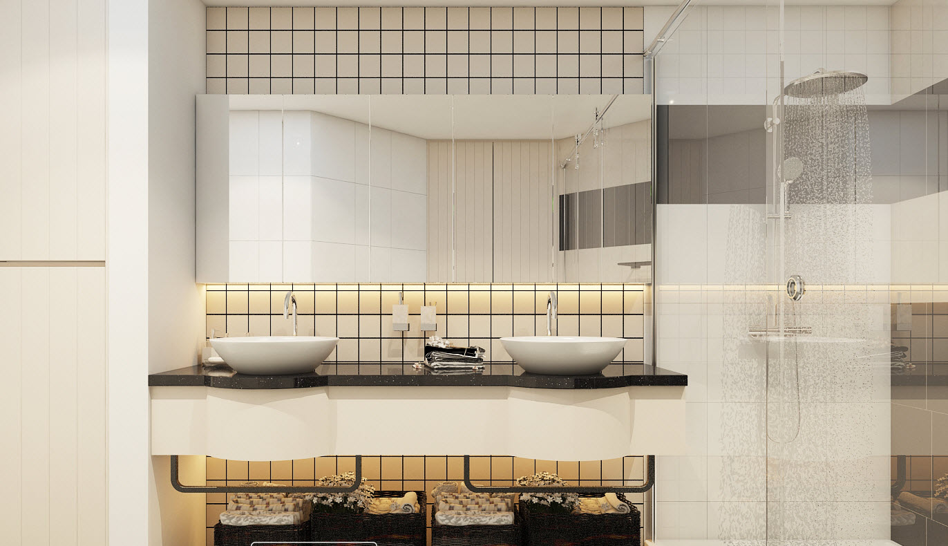 Ph&ograve;ng vệ sinh sang trọng với sắc trắng chủ đạo, điểm xuyết m&agrave;u đen c&aacute; t&iacute;nh.