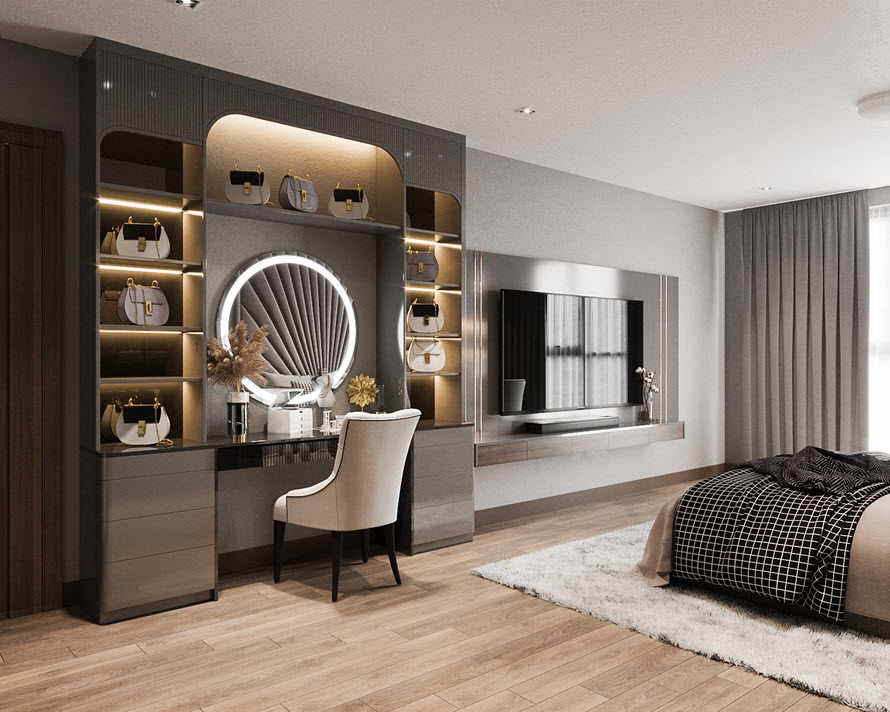 Bàn trang điểm được thiết kế, decor đủ để làm hài lòng những gia chủ khó tính nhất.