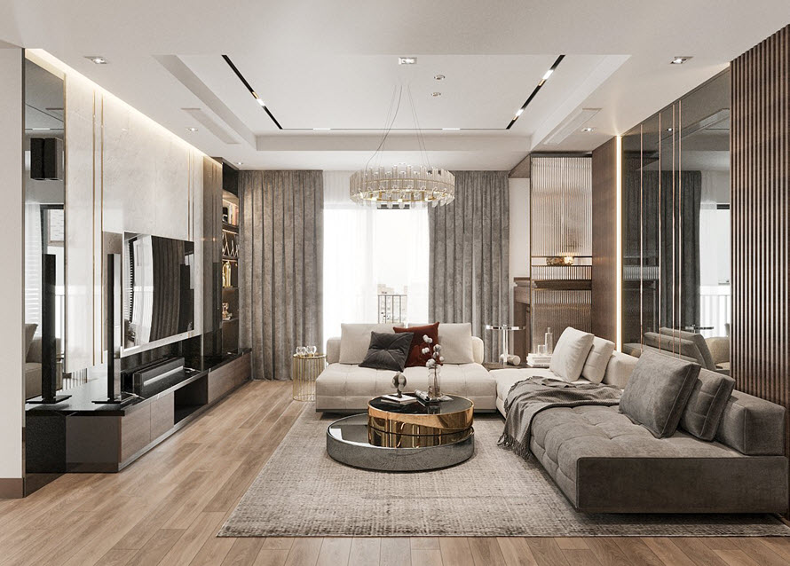 Tường phía sau sofa ốp gương kết hợp lam gỗ mang lại cảm giác vừa ấm áp, sang trọng vừa rộng thoáng hơn cho không gian.