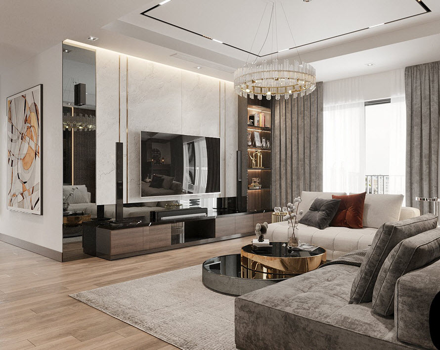 Ghế sofa, thảm trải và rèm cửa cùng tông màu xám tinh tế, hòa quyện cùng chất liệu kim loại từ bàn trà, đèn chùm phòng khách.