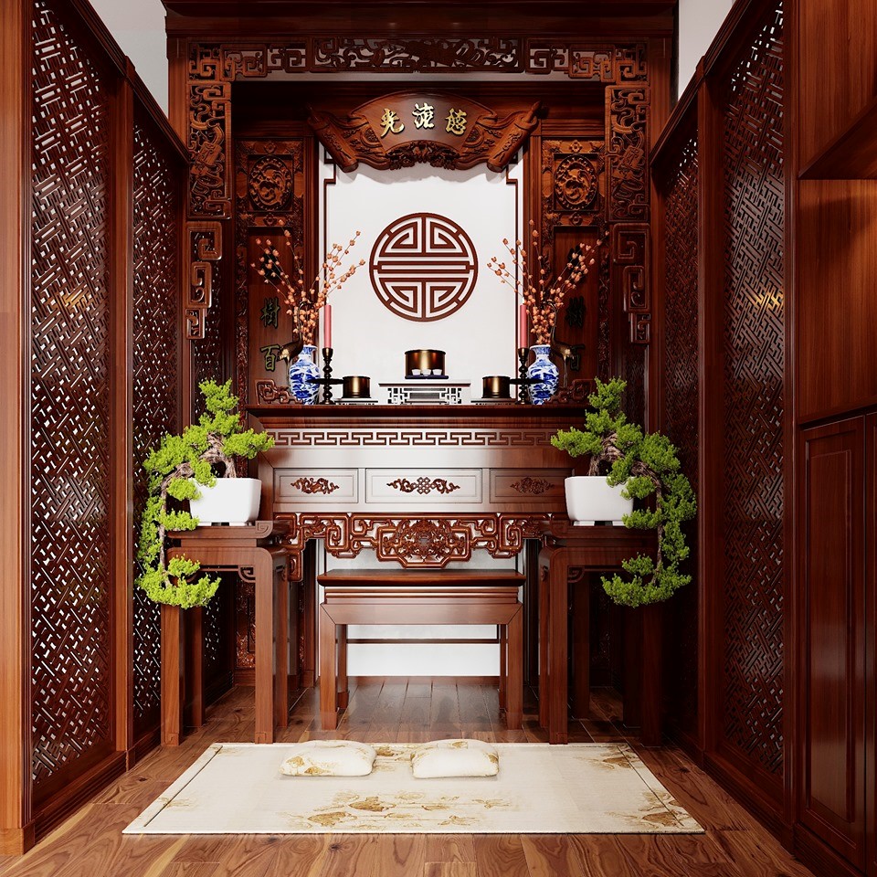 Không gian phòng thờ ấm áp, tôn nghiêm.
