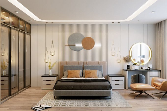 Ph&ograve;ng ngủ master rộng tho&aacute;ng, b&agrave;i tr&iacute; nội thất sang trọng với điểm nhấn l&agrave; gương trang điểm gắn đ&egrave;n LED v&agrave; tủ quần &aacute;o cửa gương.