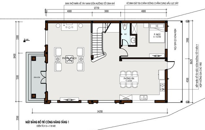 Mặt bằng c&ocirc;ng năng tầng 1 biệt thự