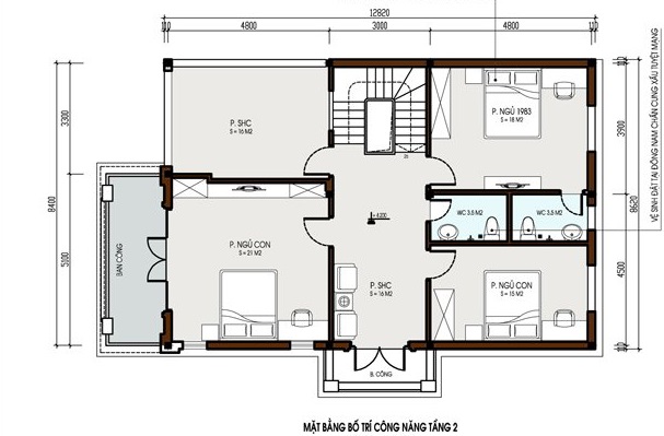 Mặt bằng c&ocirc;ng năng tầng 2 biệt thự