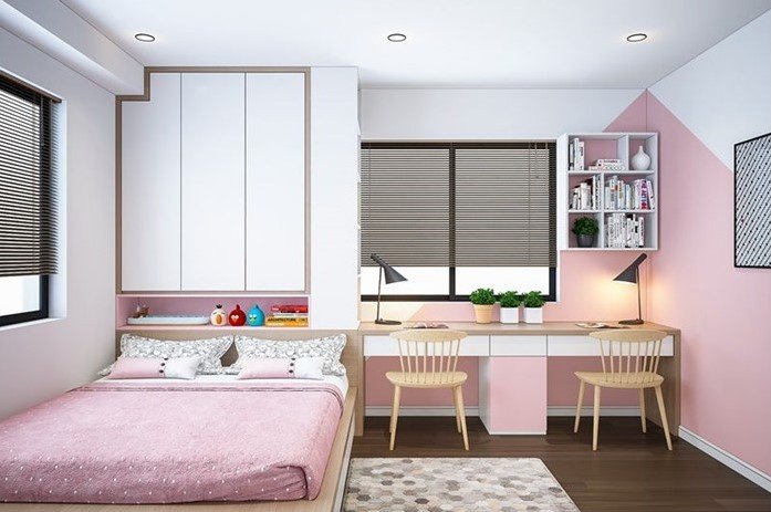 Phòng ngủ gọn gàng, xinh yêu dành cho cô con gái lớn.