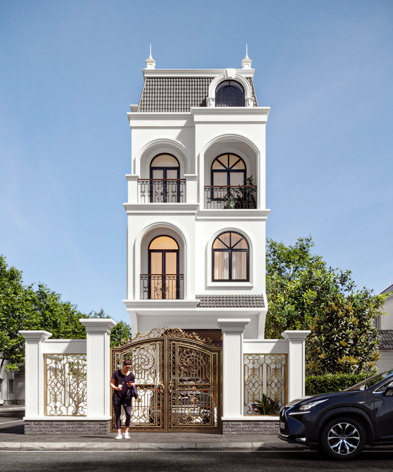 Kiến tr&uacute;c mặt tiền biệt thự t&acirc;n cổ điển g&acirc;y ấn tượng bởi đường n&eacute;t thiết kế vu&ocirc;ng vắn, sắc n&eacute;t nhưng vẫn rất đỗi mềm mại, uyển chuyển qua c&aacute;c khung cửa v&ograve;m.