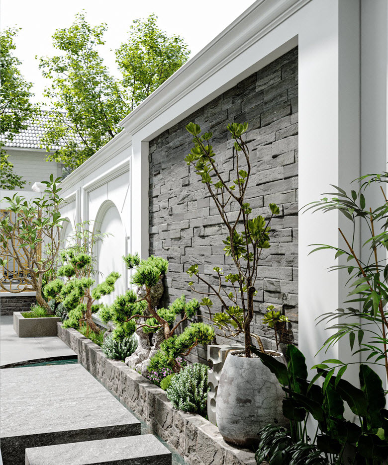 H&agrave;ng c&acirc;y bonsai h&agrave;i h&ograve;a với tổng thể cảnh quan s&acirc;n vườn biệt thự t&acirc;n cổ điển.