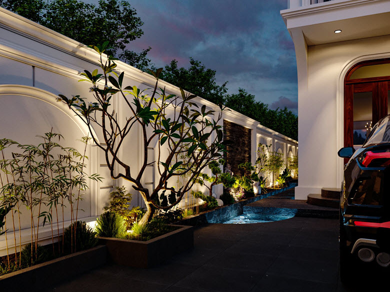 Mặt trong tường bao biệt thự được thiết kế với những đường n&eacute;t đậm chất t&acirc;n cổ điển.