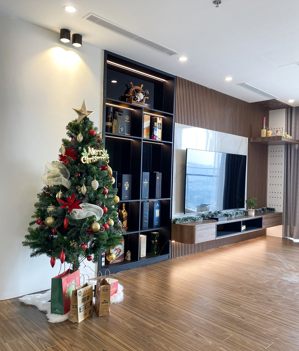 Kệ tivi và tủ rượu âm tường được thiết kế liền một khối thống nhất, vừa đảm bảo chức năng sử dụng, vừa là điểm nhấn trang trí phòng khách.