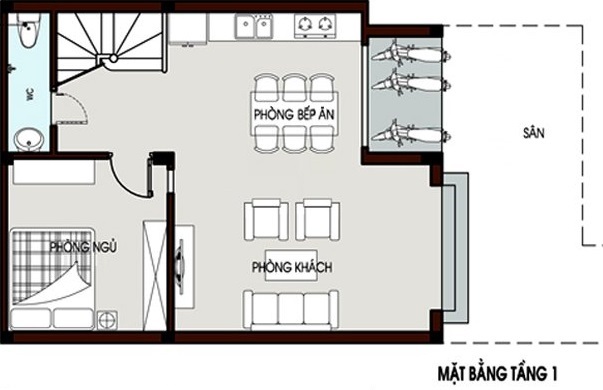 Mặt bằng chức năng tầng 1 nhà ống hiện đại Mặt bằng chức năng tầng 1 nhà ống hiện đại