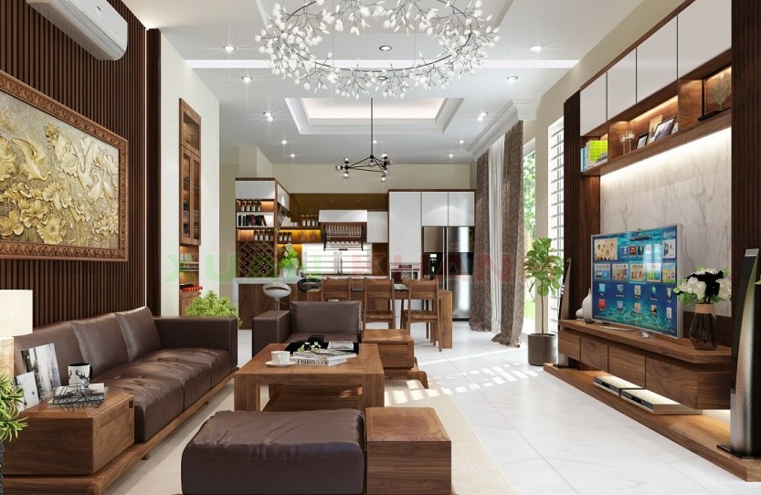 Phòng khách liên thông bếp ăn trong nhà ống 3 tầng Phòng khách và phòng ăn, bếp nấu được thiết kế liên thông không tường ngăn tạo cảm giác rộng rãi, thoáng đãng hơn cho nhà ống 3 tầng.