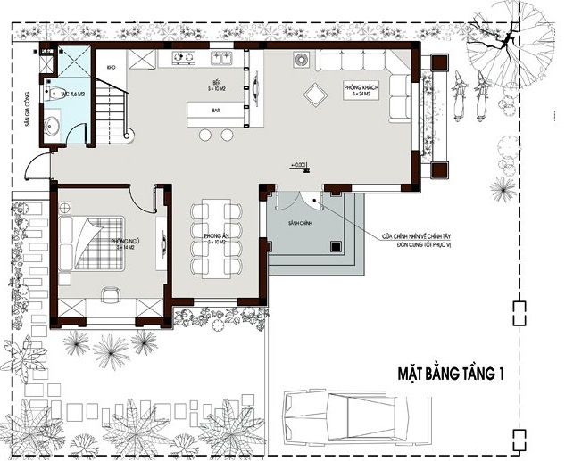 Mặt bằng tầng 1 biệt thự 2 tầng hiện đại
