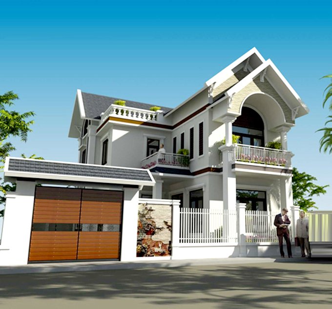 Phối cảnh kiến tr&uacute;c biệt thự 2 tầng chữ L
