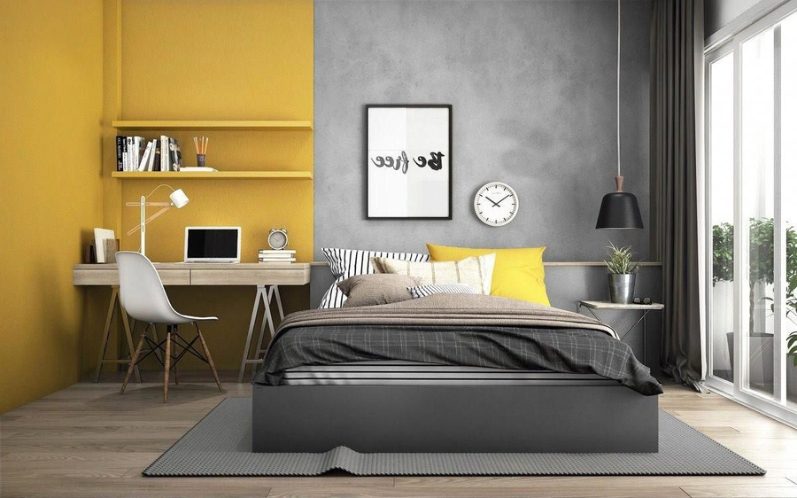 Ph&ograve;ng ngủ con trai với bảng m&agrave;u phối kết ấn tượng. Sắc x&aacute;m định vị khu ngủ, sắc v&agrave;ng truyền thống l&agrave; g&oacute;c học tập, l&agrave;m việc.