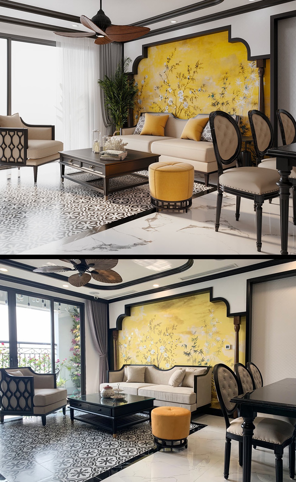 Ph&ograve;ng kh&aacute;ch căn hộ từ bản thiết kế 3D tới ho&agrave;n thiện thực tế.