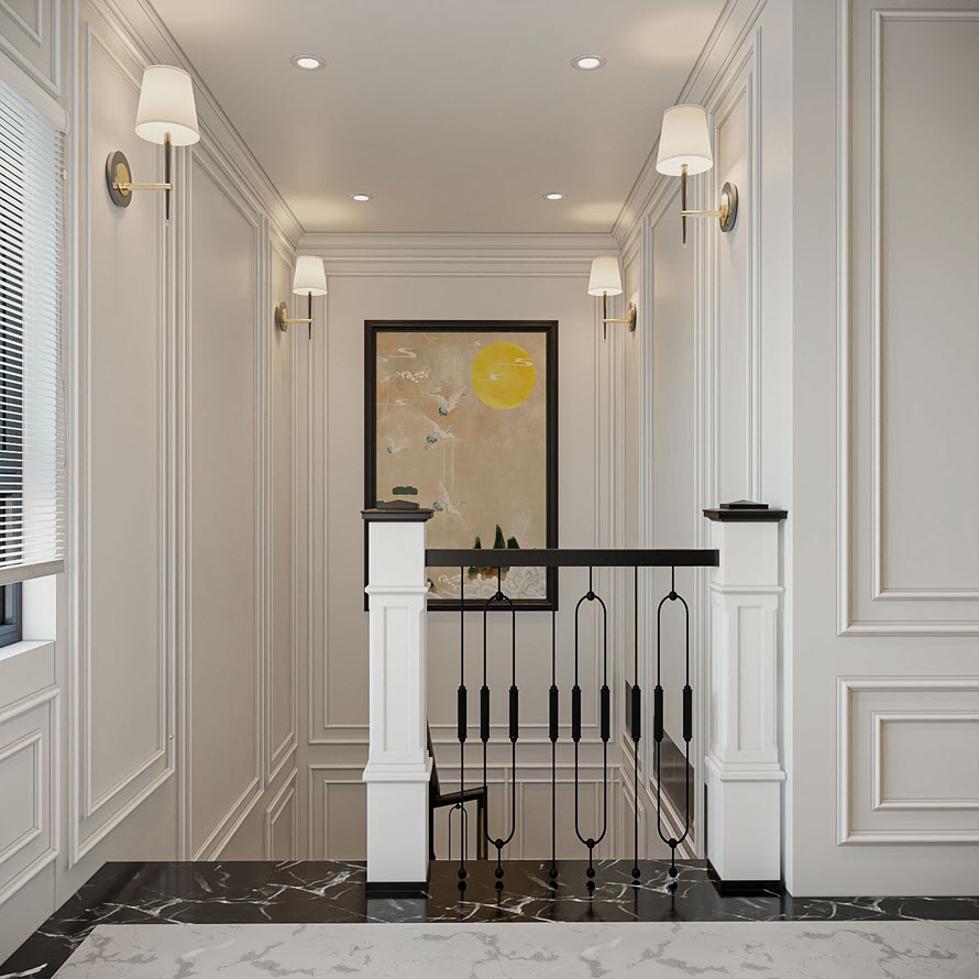 Khu vực sảnh, cầu thang được decor với c&aacute;c đường gờ chỉ đậm chất Đ&ocirc;ng Dương.