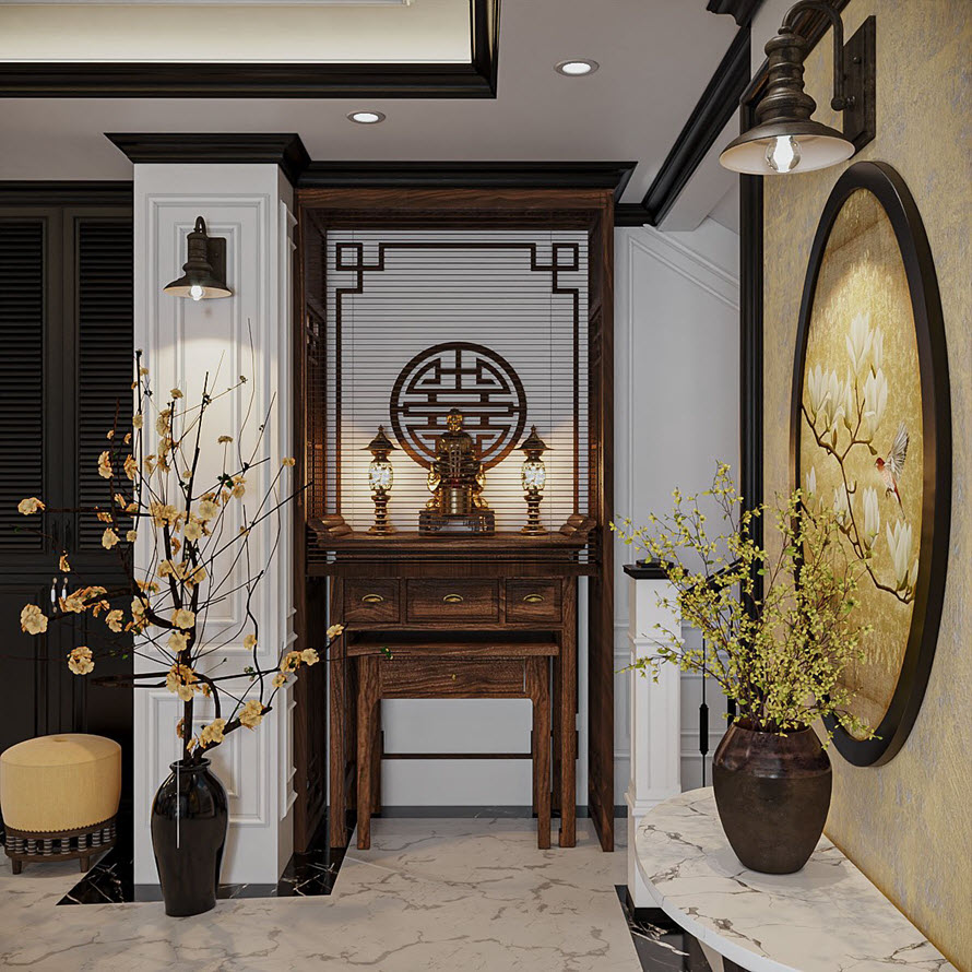 Gian thờ bài trí trang nghiêm, đẹp mắt và hài hòa với tổng thể không gian chung.