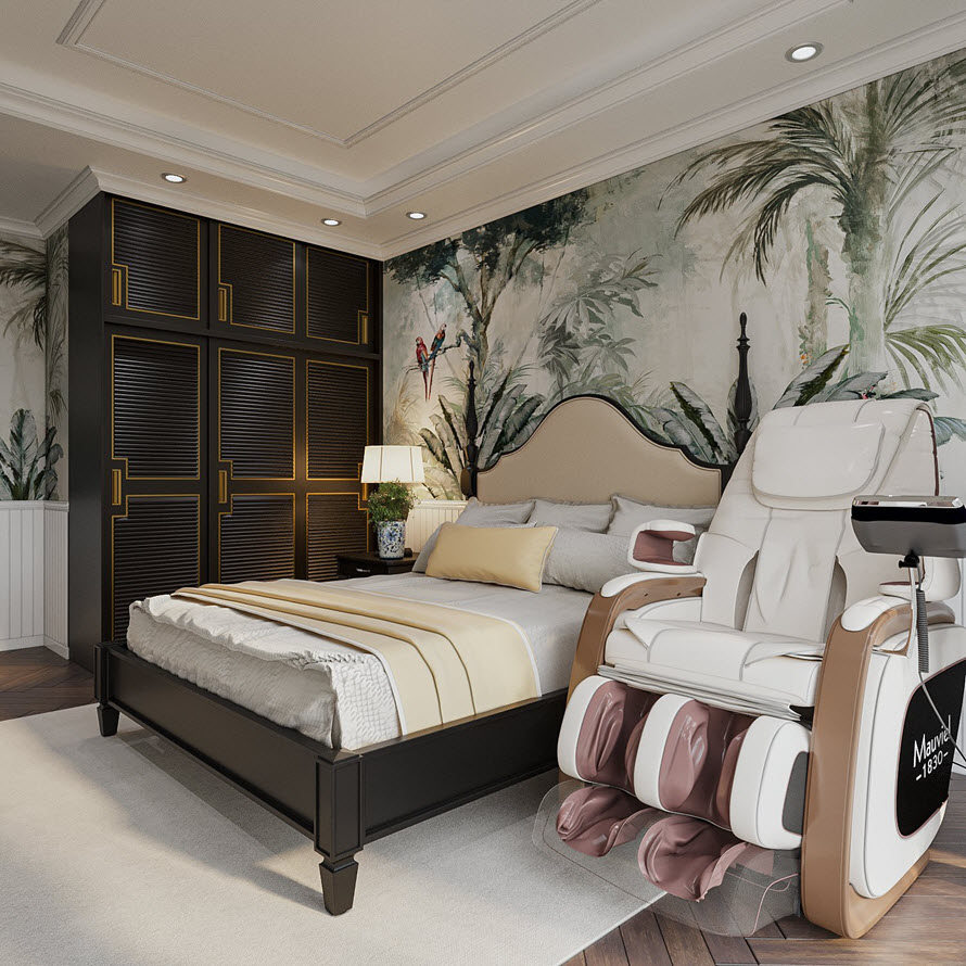 Tủ quần áo bằng gỗ sơn đen nhưng không hề tạo cảm giác nặng nề nhờ những đường kẻ chỉ màu vàng nổi bật.