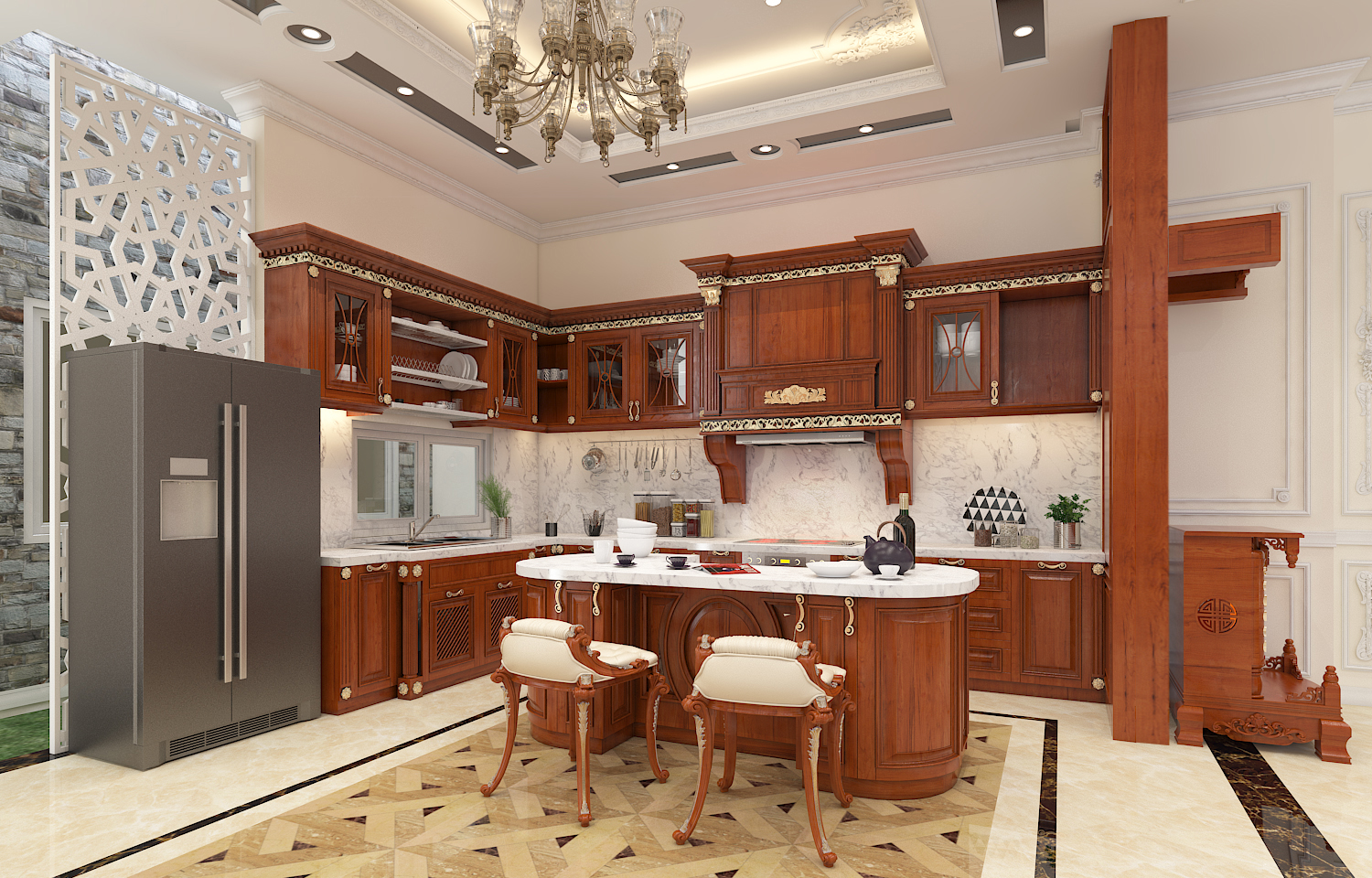 Ph&ograve;ng bếp ấn tượng với b&agrave;n đảo trung t&acirc;m ki&ecirc;m b&agrave;n ăn tiện dụng. Hệ tủ gỗ n&acirc;u tạo cảm gi&aacute;c ấm c&uacute;ng, gần gũi.