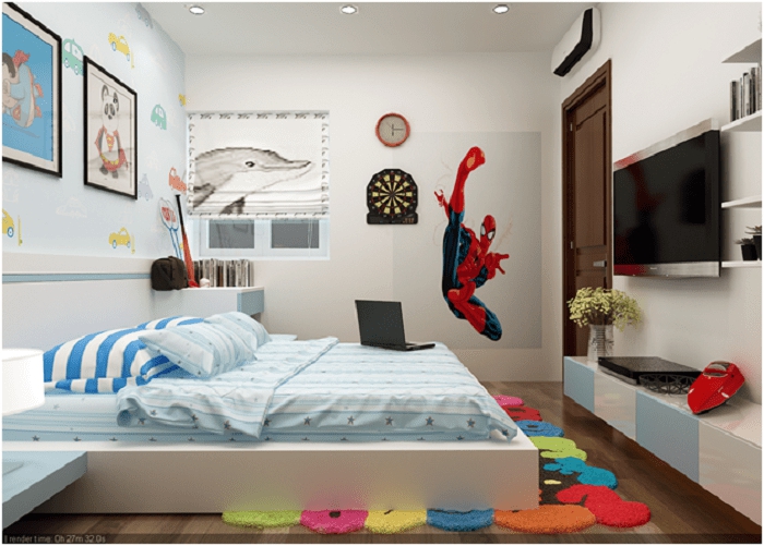 Ph&ograve;ng con trai với nội thất liền tường tối ưu h&oacute;a kh&ocirc;ng gian sử dụng.
