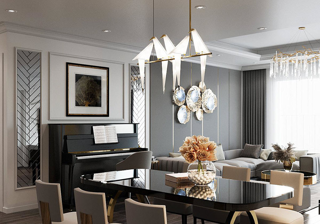 Cạnh bàn ăn là góc thư giãn gọn xinh với đàn piano.
