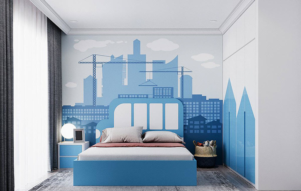 Phòng ngủ thứ hai trong căn hộ 120m2 gây ấn tượng bởi gam màu xanh da trời mát mắt.