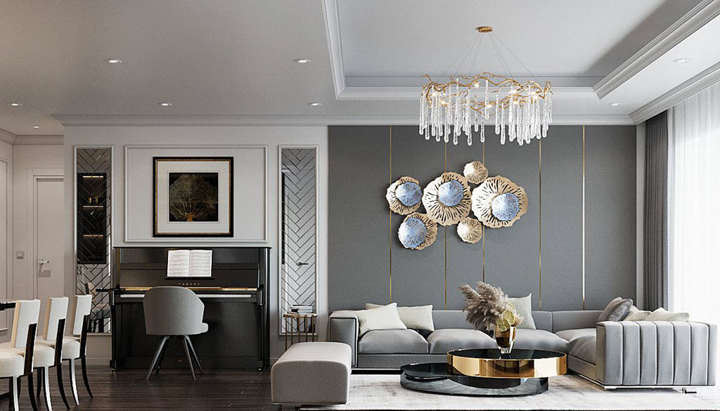 Phòng khách liền kề phòng ăn trong căn hộ 120m2 màu xám trắng chủ đạo