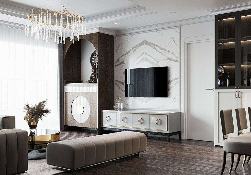 Góc thờ Phật gọn gàng được tích hợp ngay trong phòng khách mà vẫn đảm bảo tính tôn nghiêm, tĩnh lặng cần có.