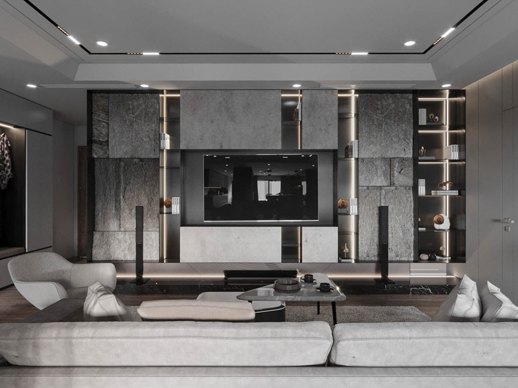 Lưng ghế sofa trở th&agrave;nh v&aacute;ch ngăn mềm mại giữa ph&ograve;ng kh&aacute;ch v&agrave; kh&ocirc;ng gian bếp - ăn.