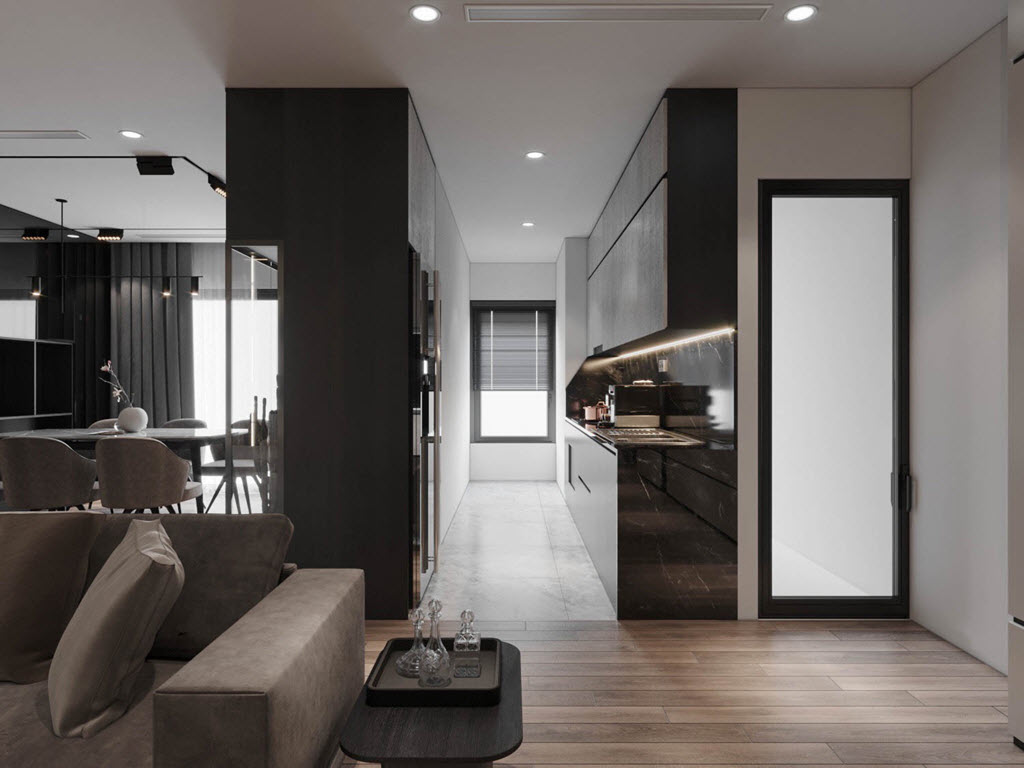 Bếp nấu được bố tr&iacute; t&aacute;ch biệt ở ph&iacute;a trong nhưng vẫn rất tho&aacute;ng s&aacute;ng nhờ khung cửa sổ k&iacute;nh trong suốt mở ra b&ecirc;n ngo&agrave;i.