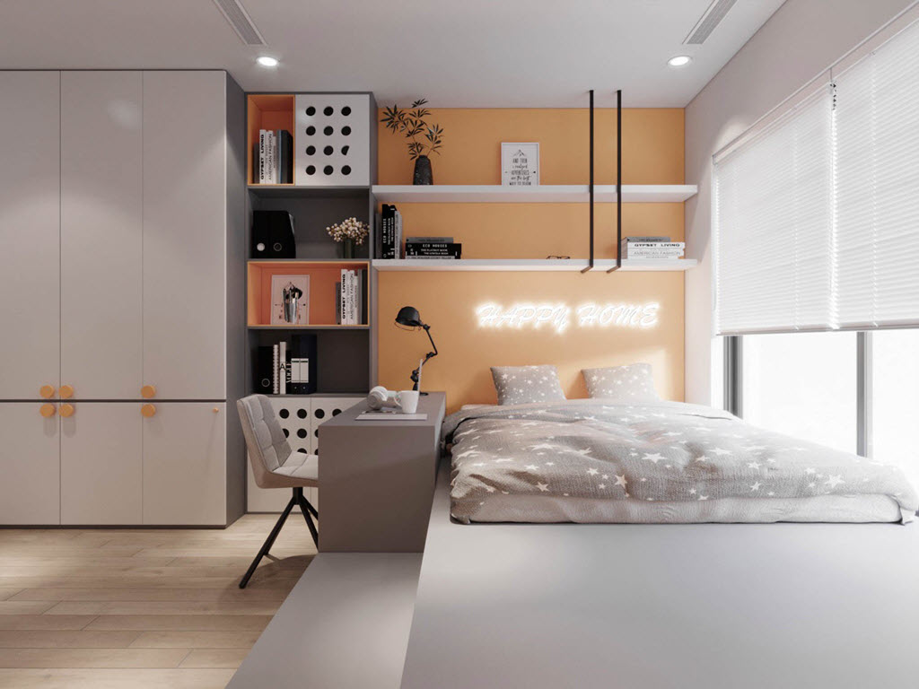 Ph&ograve;ng ngủ thứ hai trong căn hộ 130m2 sử dụng t&ocirc;ng m&agrave;u trắng s&aacute;ng chủ đạo, với điểm nhấn m&agrave;u cam ở tường đầu giường.