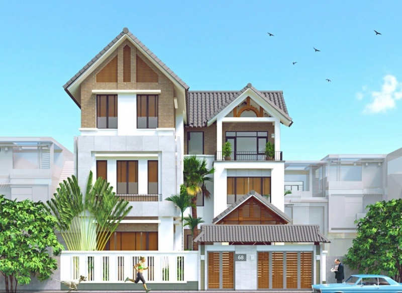Phối cảnh 3D mẫu biệt thự 3 tầng m&aacute;i Th&aacute;i phong c&aacute;ch hiện đại