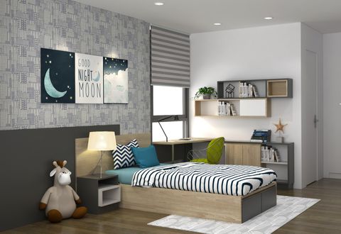 Ph&ograve;ng ngủ cho con trai c&oacute; thiết kế đơn giản với thiết kế nội thất th&ocirc;ng minh, tối ưu h&oacute;a được diện t&iacute;ch sử dụng.