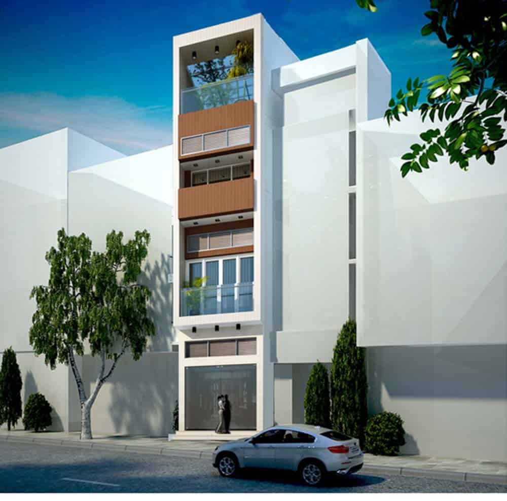 Phối cảnh mặt tiền nhà phố 4 tầng kết hợp kinh doanh phong cách hiện đại
