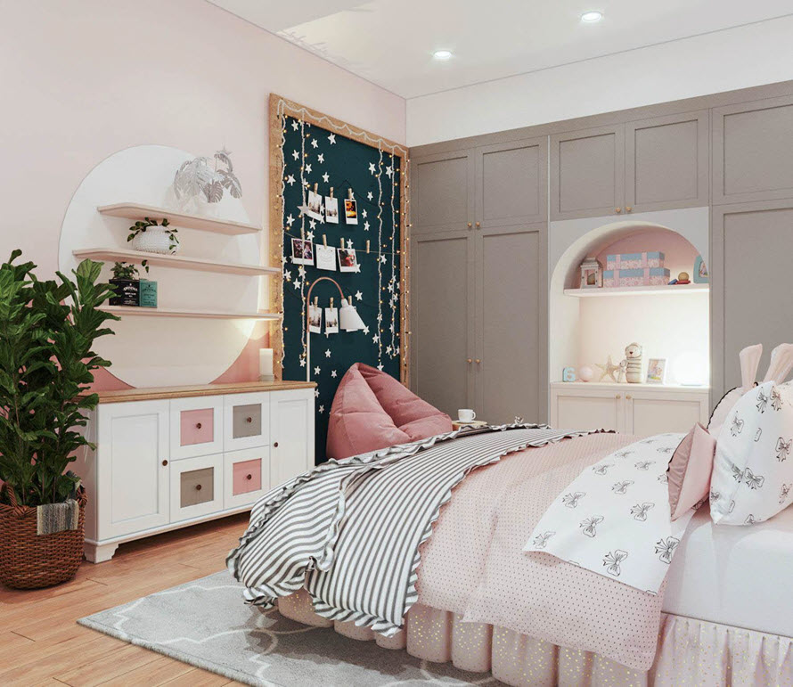 Tủ quần &aacute;o &acirc;m tường gam m&agrave;u x&aacute;m nhẹ nh&agrave;ng ho&agrave;n thiện bảng m&agrave;u xinh y&ecirc;u cho ph&ograve;ng ngủ con g&aacute;i. Bảng trang tr&iacute;, trưng b&agrave;y tranh ảnh th&uacute; vị.
