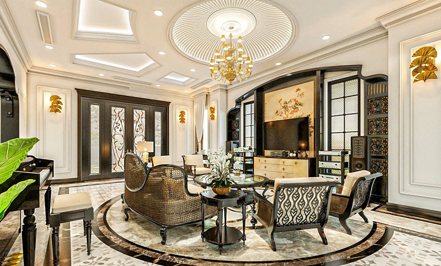 Kh&ocirc;ng gian ph&ograve;ng kh&aacute;ch lộng lẫy, sang trọng với sofa, b&agrave;n tr&agrave; đặt gọn g&agrave;ng tr&ecirc;n v&ograve;ng tr&ograve;n gạch l&aacute;t nền. Trần nh&agrave; cao tho&aacute;ng với đ&egrave;n trang tr&iacute; h&agrave;i h&ograve;a.