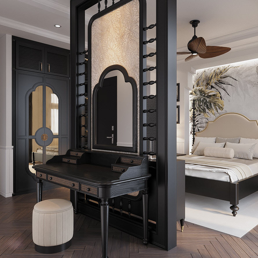 Kh&aacute;c với c&aacute;ch bố tr&iacute; th&ocirc;ng thường, b&agrave;n trang điểm được t&aacute;ch biệt khỏi khu vực giường ngủ, nằm đối diện ph&iacute;a sau tivi.