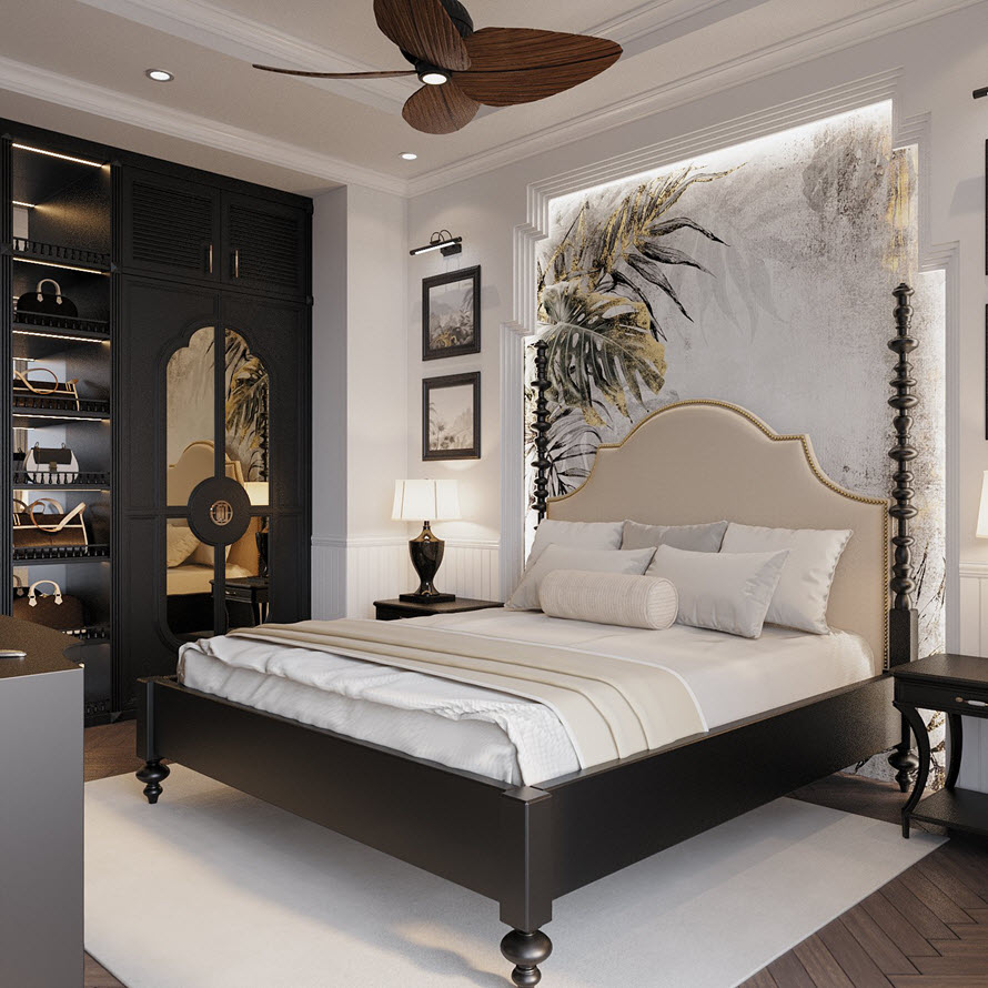 Tủ quần &aacute;o gương k&iacute;nh, nơi trưng b&agrave;y t&uacute;i x&aacute;ch, phụ kiện y&ecirc;u th&iacute;ch được thiết kế tỉ mỉ, thể hiện gu thẩm mỹ của gia chủ.