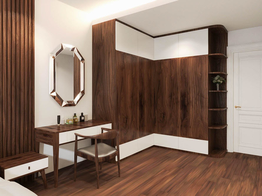 Góc phòng ngủ với bàn trang điểm, tủ kịch trần màu gỗ óc chó