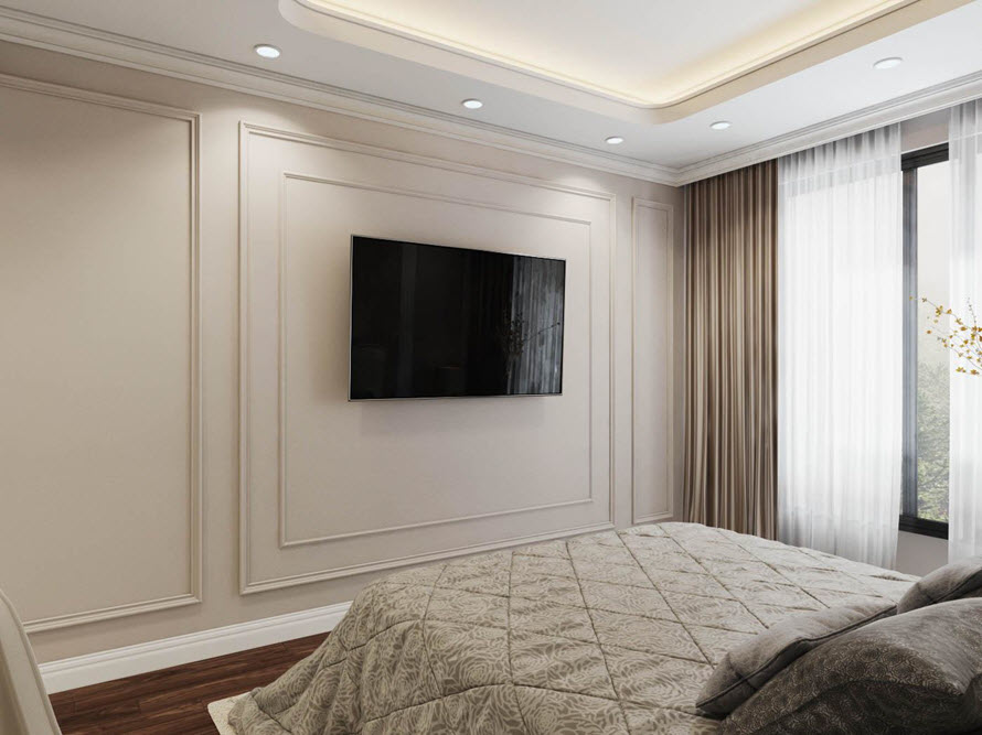 Tivi gắn tường gọn đẹp, tiết kiệm diện tích, đáp ứng nhu cầu giải trí của gia chủ.