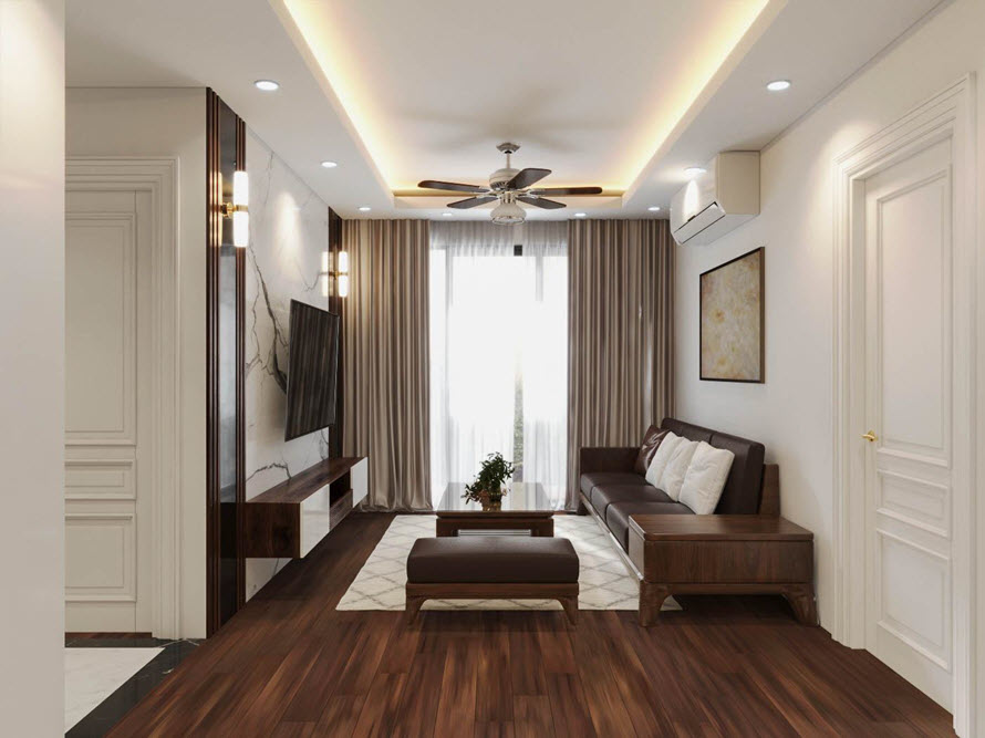 Phòng khách với nội thất gỗ óc chó sang trọng, ấm áp