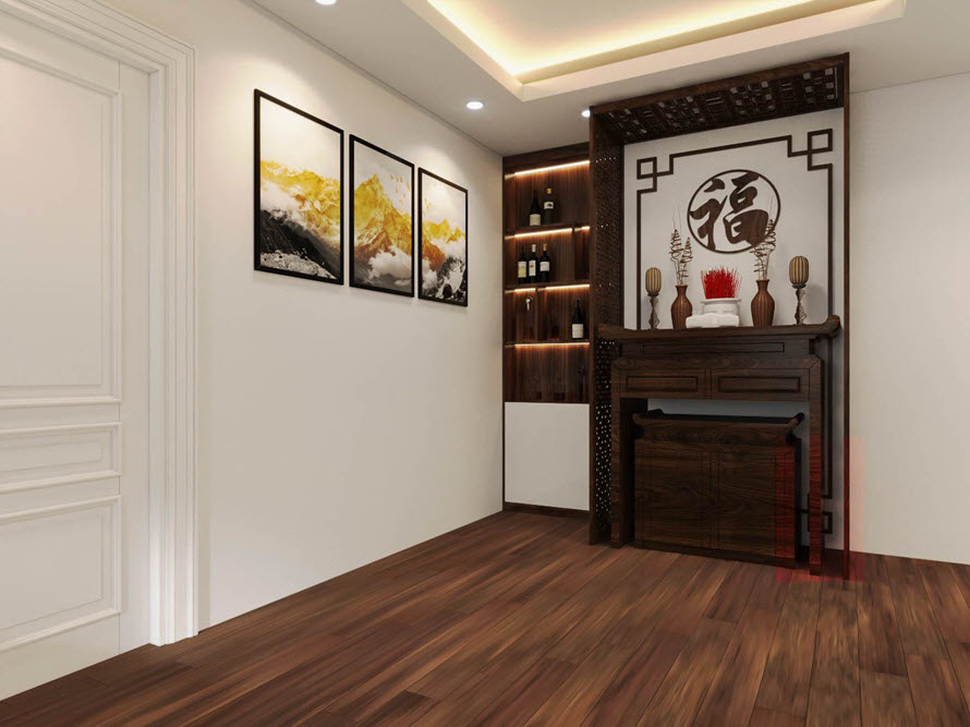 Không gian phòng thờ bài trí gọn đẹp, tôn nghiêm.