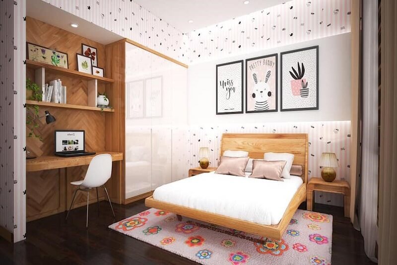 Ph&ograve;ng ngủ xinh y&ecirc;u cho c&ocirc; con g&aacute;i. Tủ quần &aacute;o v&agrave; b&agrave;n l&agrave;m việc, gi&aacute; s&aacute;ch &acirc;m tường gi&uacute;p tối ưu h&oacute;a diện t&iacute;ch sử dụng.