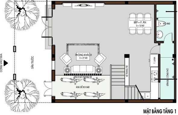 Mặt bằng tầng 1 nh&agrave; ống hiện đại