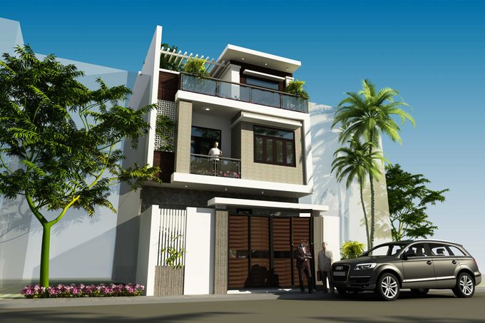 Phối cảnh mẫu nh&agrave; ống 3 tầng phong c&aacute;ch hiện đại