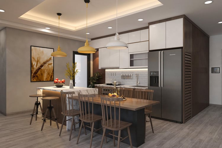 Kh&ocirc;ng gian bếp nấu v&agrave; ph&ograve;ng ăn lu&ocirc;n th&ocirc;ng tho&aacute;ng nhờ cửa mở ra khoảng tho&aacute;ng ph&iacute;a sau nh&agrave;. Đảo bếp bằng đ&aacute; cẩm thạch mang lại vẻ sang trọng, hiện đại.