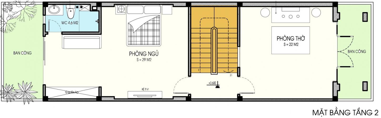 Mặt bằng chức năng tầng 2 nhà ống mái Thái